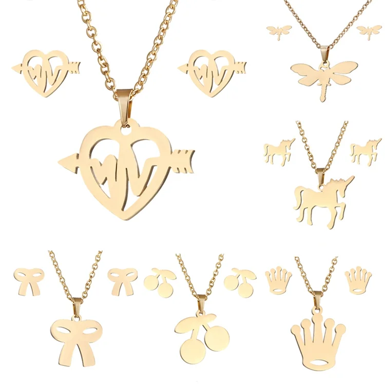 

Fashion Simple Charm Butterfly Moon Heart Cat Cross Gold Stainless Steel Necklace Earring Jewelry Set