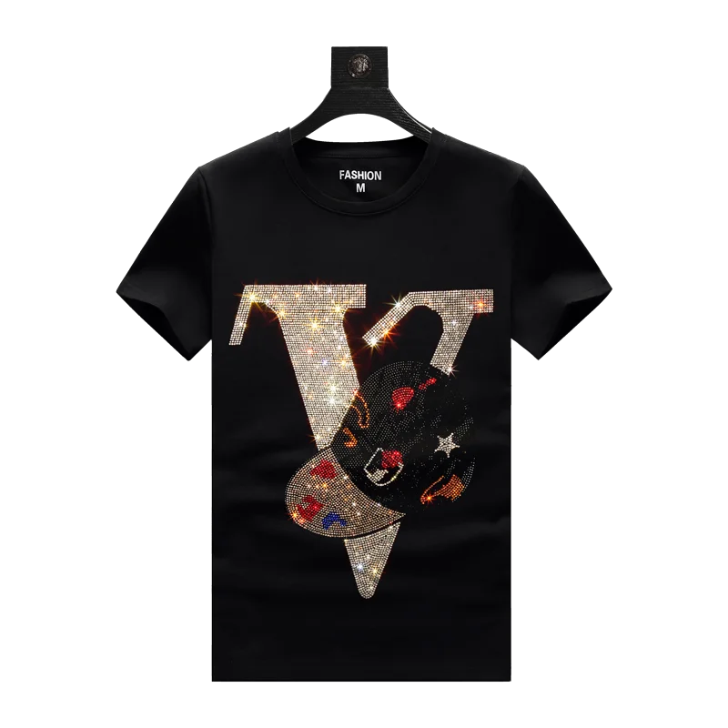

Custom black cotton rhinestone sequin short sleeve t shirt for men