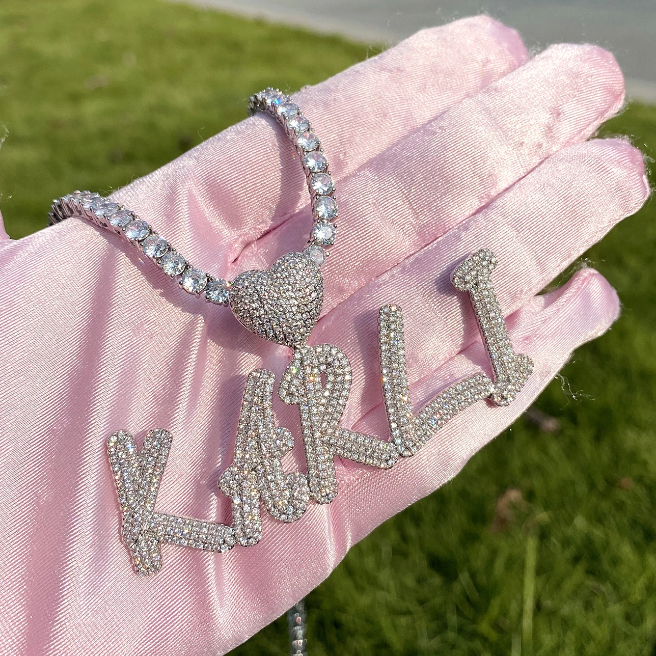 

New Arrival Custom Name Necklace Heart Hook CZ Custom Letter Name Pendant Necklace Girls necklace with tennis chain, Silver/ gold/ rose gold