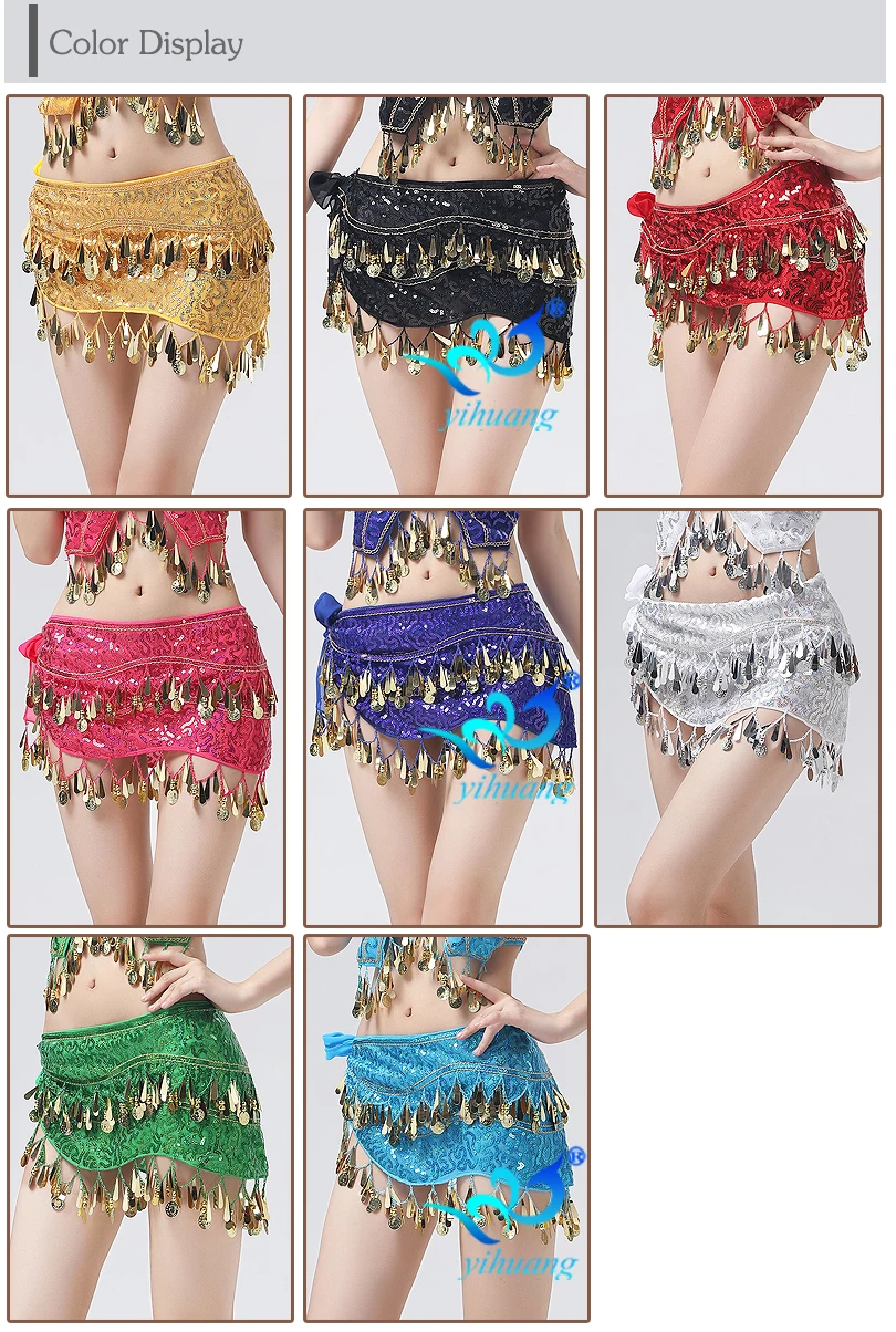 8 Colors Sexy Chiffon Belly Dancing Belt Festival Wrap Hip Skirt Mini Sequins Coins Bollywood