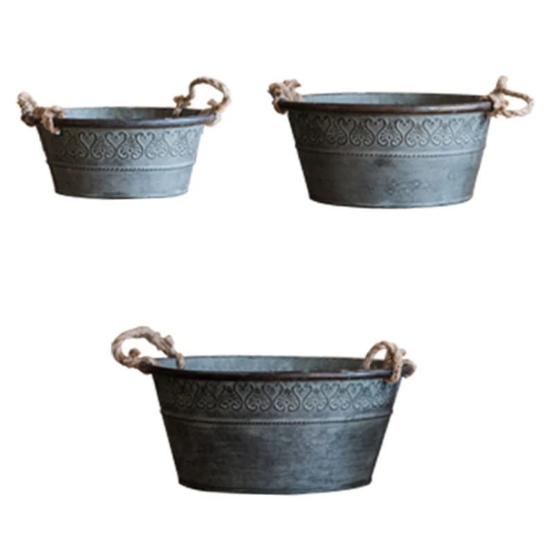 

Vintage Round Bucket Planter with Double Handles Rustic Iron Flower Pot Metal Tray for Storage and Farmhouse Decor