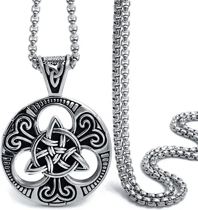 

2020 Ready to ship retail Celtic Knot Magic Both Sided Pendant Necklace Men's Stainless Steel Box Chain Jewelry