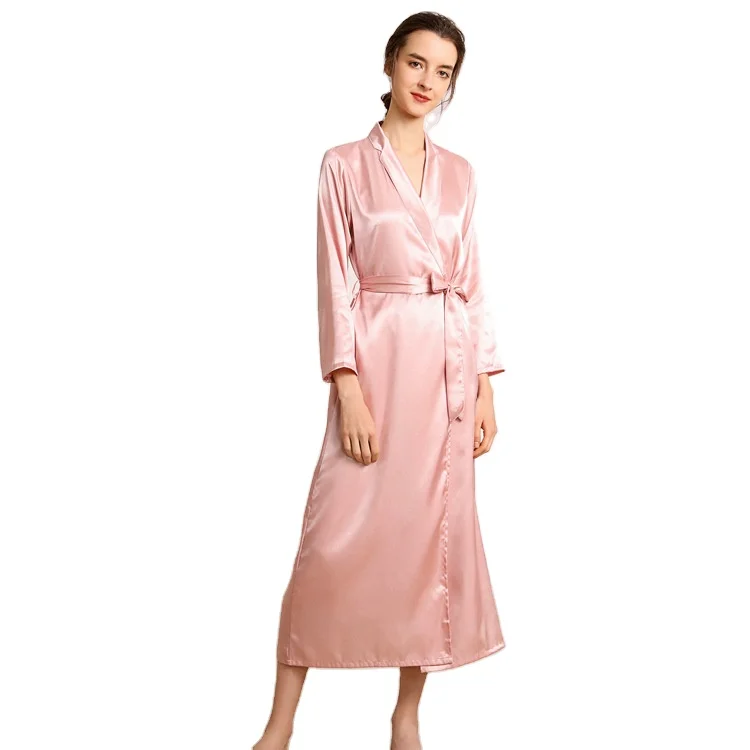 

European and American imitated silk pajamas women's lapel long robe sexy pajamas bathrobe homewear coat