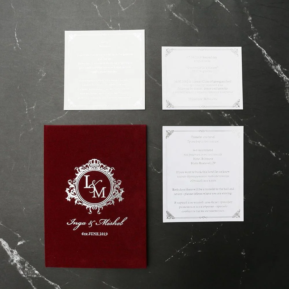 

Burgundy Extravagant Velvet Cover Silver Mirror Acrylic Wedding Invitations