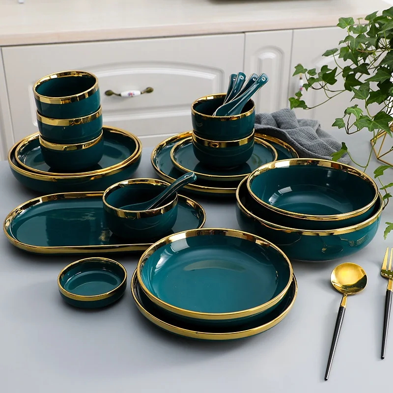 

Modern Style Black Matt Golden Rim Ceramic Cutlery Set Porcelain Dinnerware Set, As shown