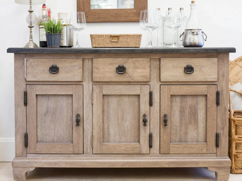 DIY home bar using repurposed furniture with bottles and glasses