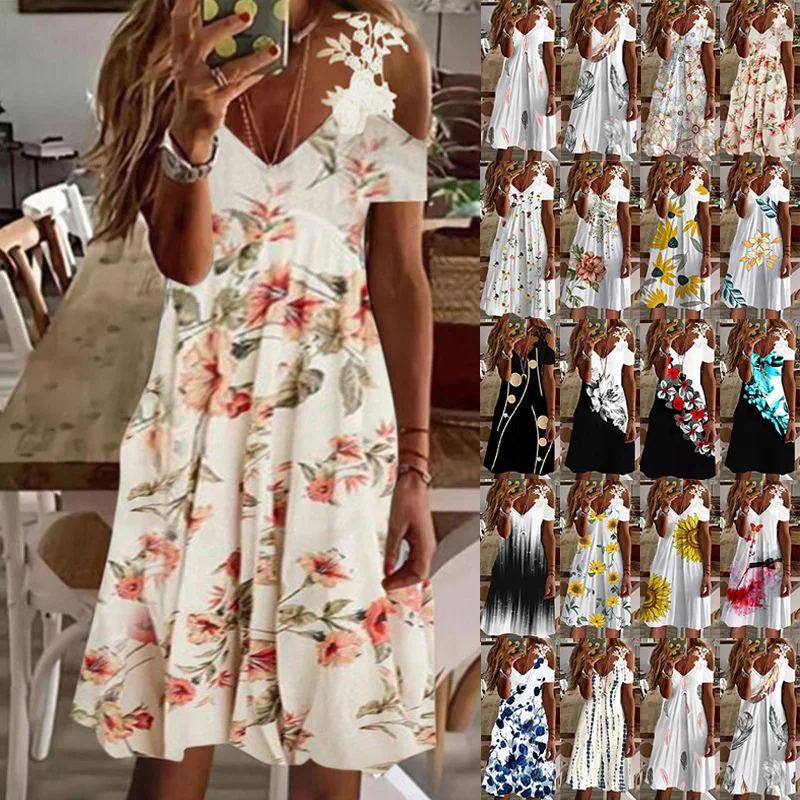 

2022 New Summer Ladies Sexy Dress Hot Selling Printed Skirt Off-the-shoulder Fashion Lace Dress dresses women casual, Picture color