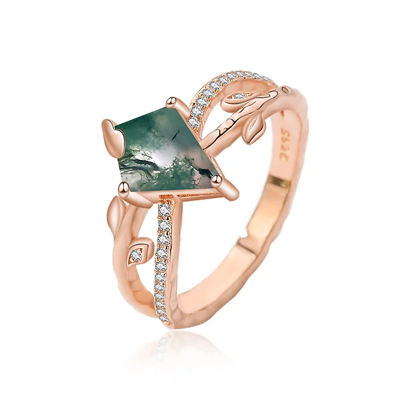 

Original Sterling Silver Gemstone Jewelry Rose Gold Plated Double Layer Water Drop Shape Green Moss Agate Rings