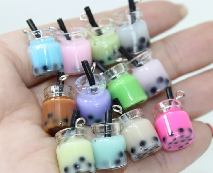 

cute milk tea drink pedant charms DIY resin plastic imitation food drink pendant charms for kids jewelry charms accessories, As picture