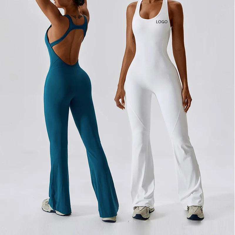 

Wholesale Women Athleisure Fitness Tummy Control Flared Pants Bodysuit Backless One Piece Yoga Jumpsuit Active Wear Bodysuits