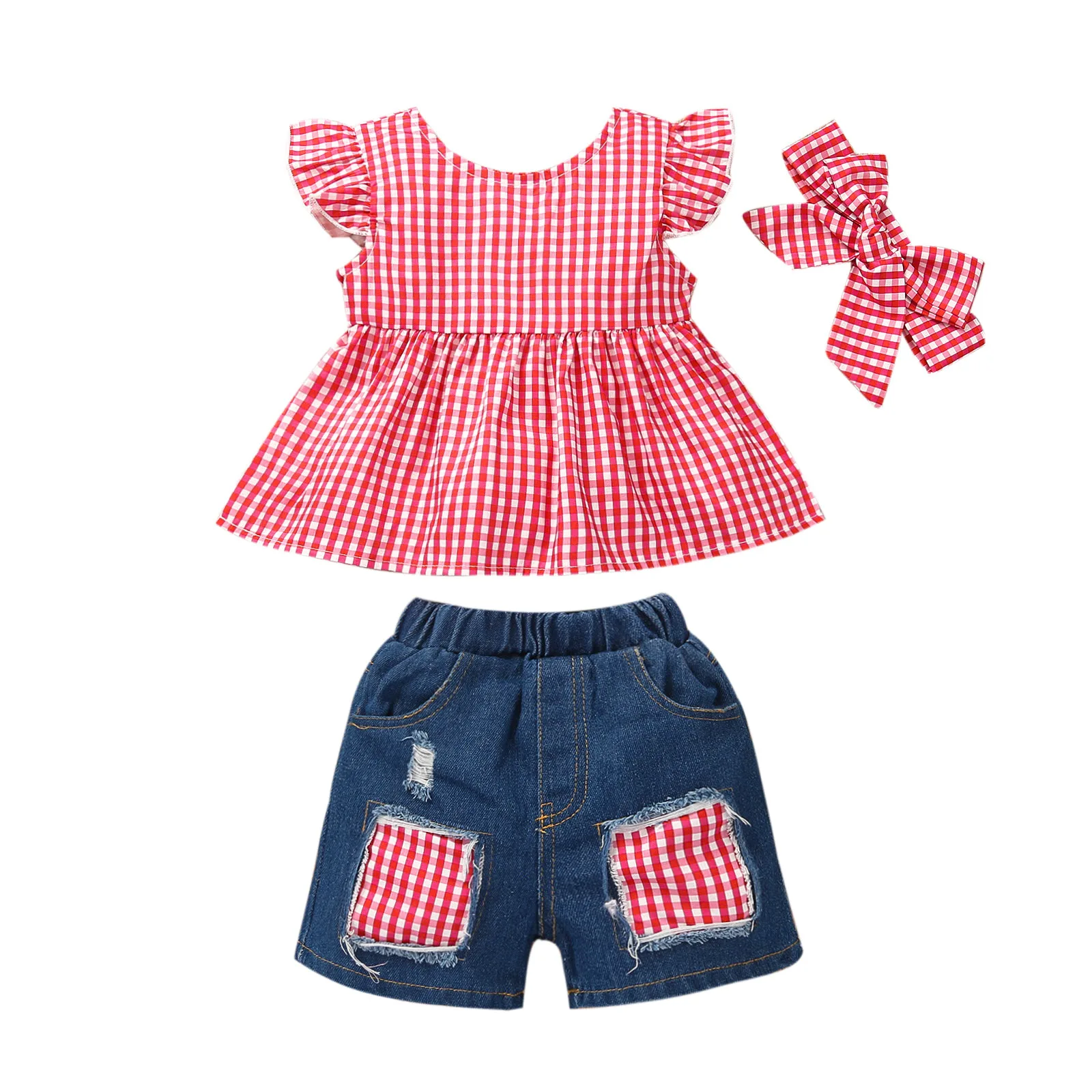 

High Quality Plaid Short Sleeve and Denim Shorts Children Girl Clothes Set, 3colors