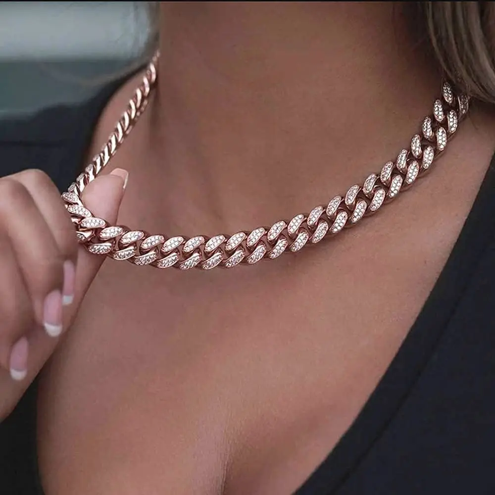 

Hip Hop 12mm Zirconia Rose Gold Silver Plated Women's Miami Cuban Link Chain Diamond Necklace Cuban Link Choker Men 2021, Gold/silver/pink