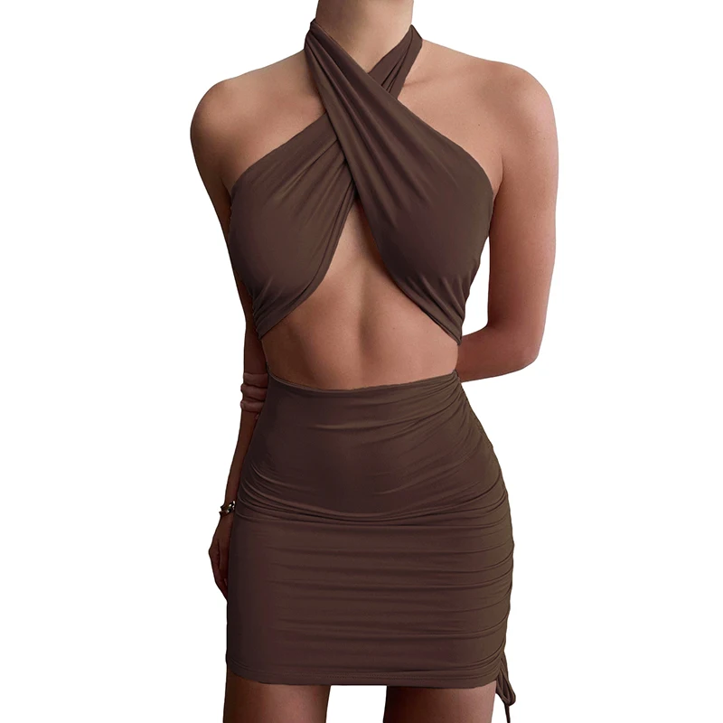 

Spring Stacked Hollow Out Backless Sleeveless Side Tie Halter Vestidos Ladies Party Women Mini Sexy Bodycon Dress
