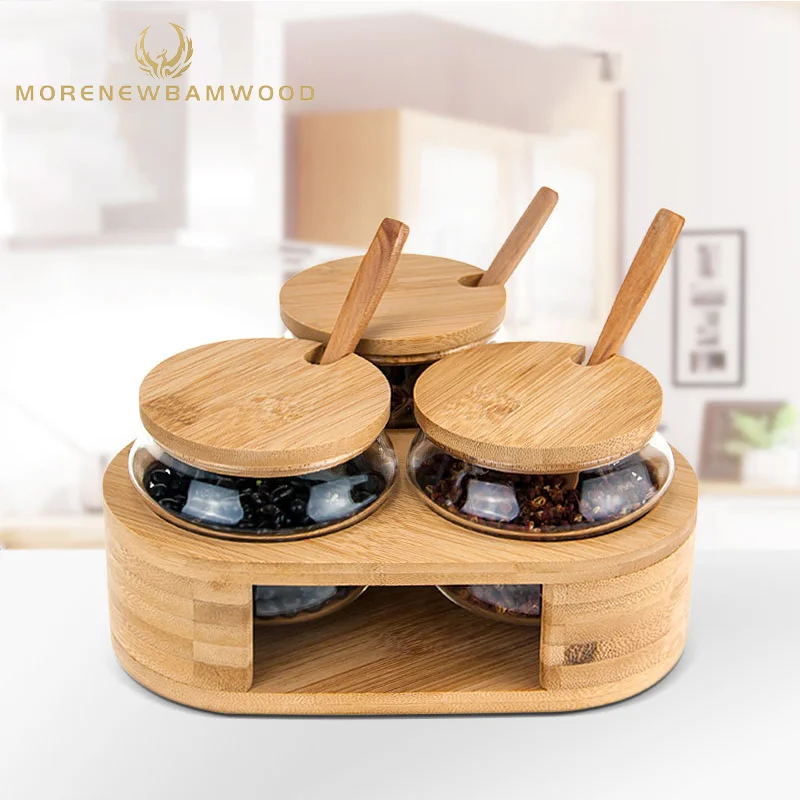 

Factory outlet Glass seasoning can with bamboo support, glass seasoning three-piece set