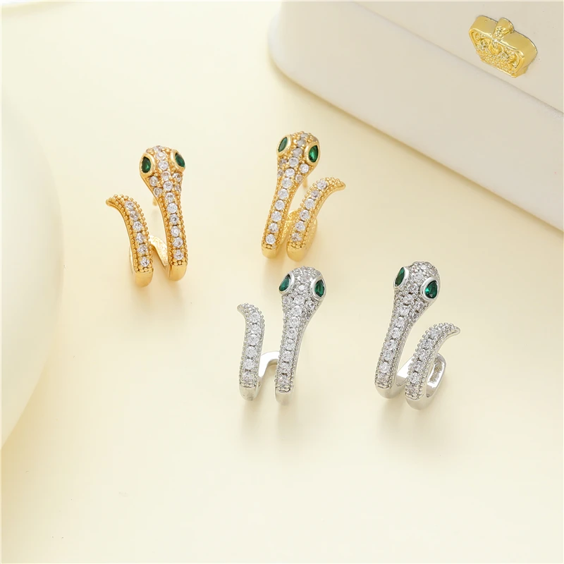 

Jiexing Jewelry Trendy Snake Earring Gold Plated Full CZ Shape Daily Design Stud Earrings S925 Silver Needle For Women Girls