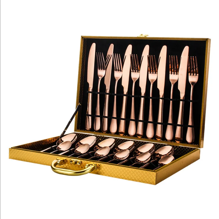 

Mirror polishing stainless steel flatware set 24 pcs cutlery set with wooden Case, Sliver,gold,rose gold,rainbow.