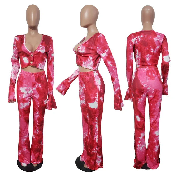 Best Seller Fall 2021 Fashion Sexy Tie Dye  Hollow Out Top And Pants Women Clothes Womens Two Piece Set