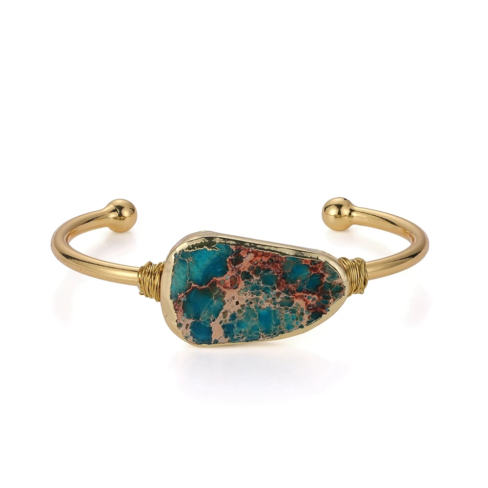 

Natural gemstone irregular sea sediment slice imperial jasper stone pendant charms cuff open bangle bracelet women jewelry, Picture show