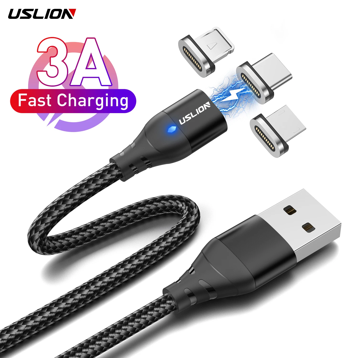 

USLION 3A Magnetic Cable Micro USB Type-C Charging Data Cable Wire Magnet Fast Charger For iPhone Samsung Xiaomi Huawei Mobile