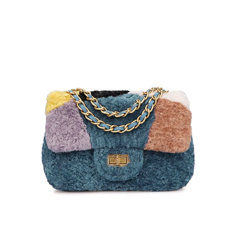 

2021 Wholesale Women Winter Lambswool Fur Leather Handbag Color Chain Strap Small Crossbody Shoulder Bag for Teenager