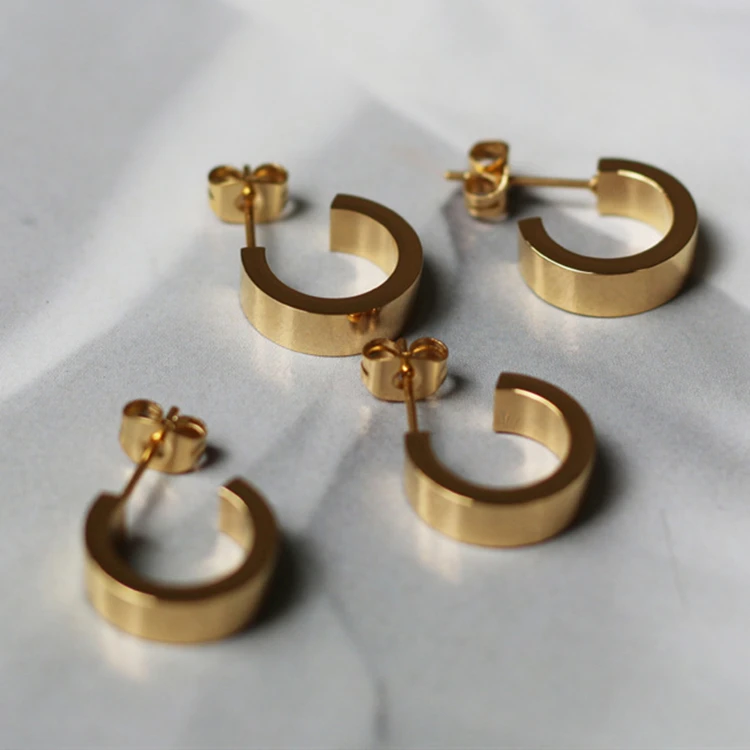 

Logo Wholesale Custom 18K Gold Plated Minimalist Women Jewelry Stainless Steel Hypoallergenic Chunky C Shaped Hoop Stud Earring
