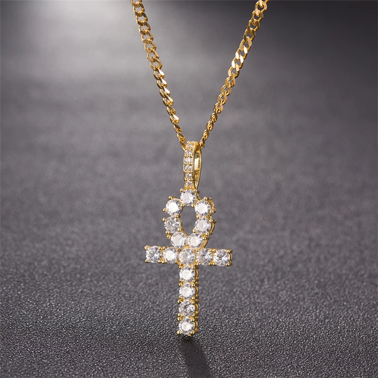 

European Hot Selling Vintage Egyptian Jewelry Gold Filled Iced Out Bling Bling CZ Diamond Ankh Cross Pendant Necklace