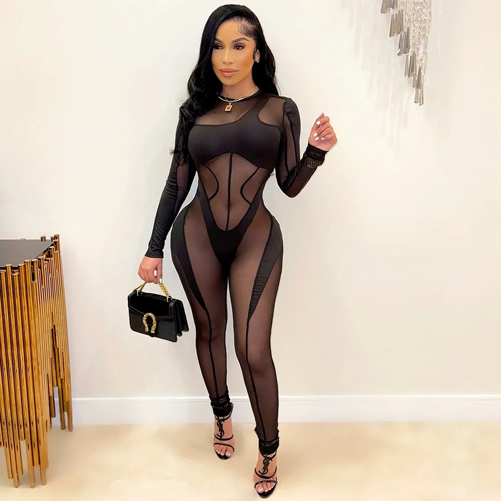 

Night Club Wear Women Black Bodysuit Romper Sexy Transparent One Piece Jumpsuits Pants