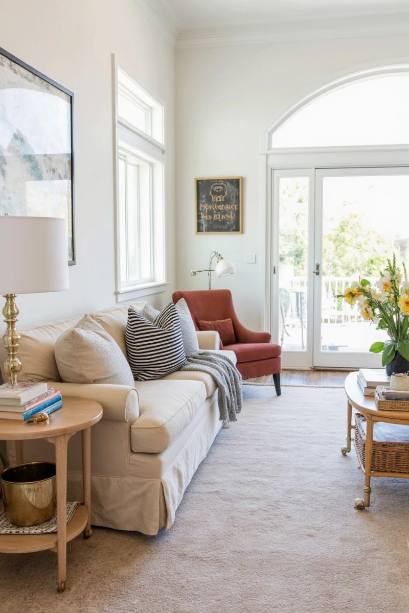 Bohemian living room with hanging plants and colorful throws