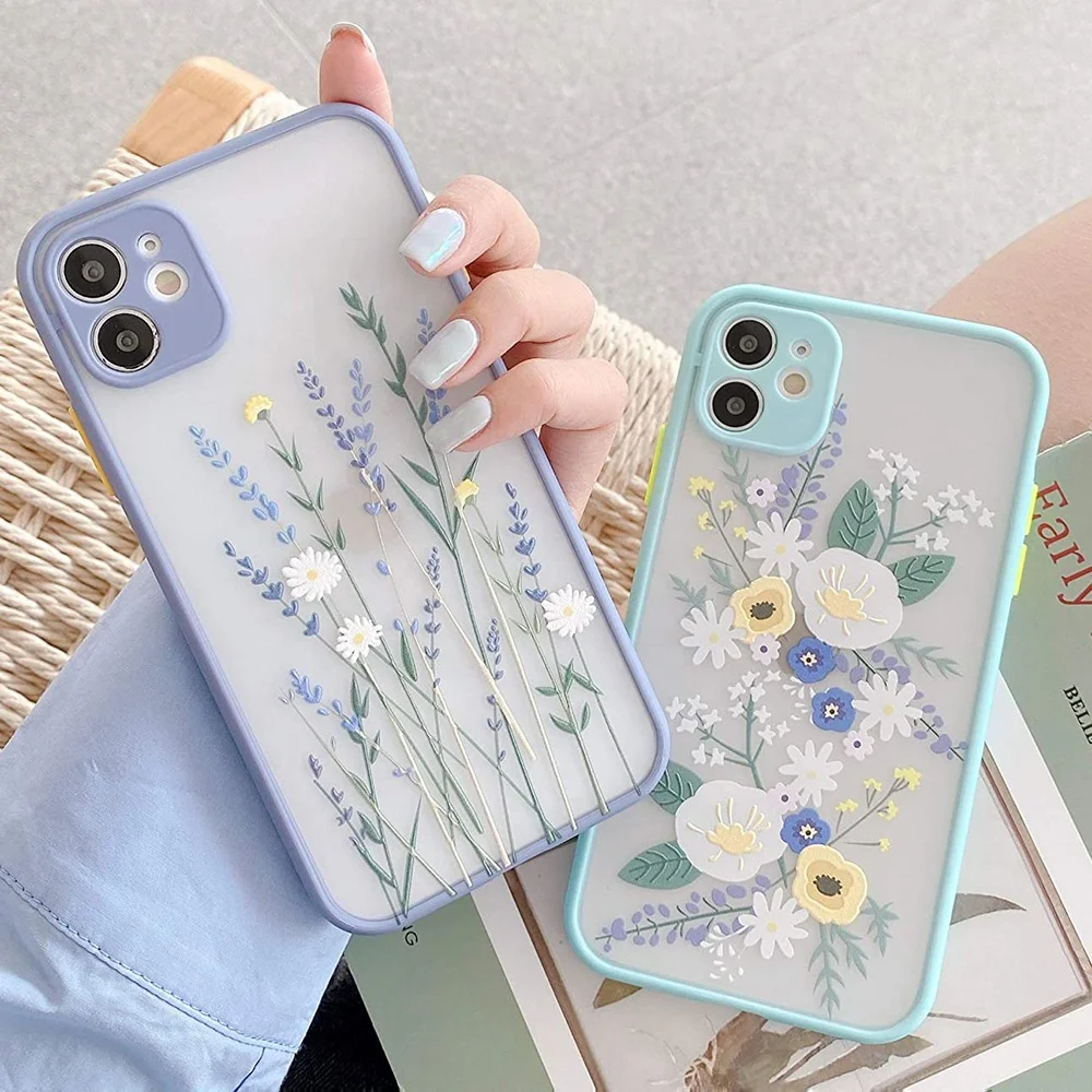 

For iPhone 11 12 Pro Max Cute Pretty 3D Flowers Print Clear frosted mobile phone case covers for girls women, Lavender purple, mint green