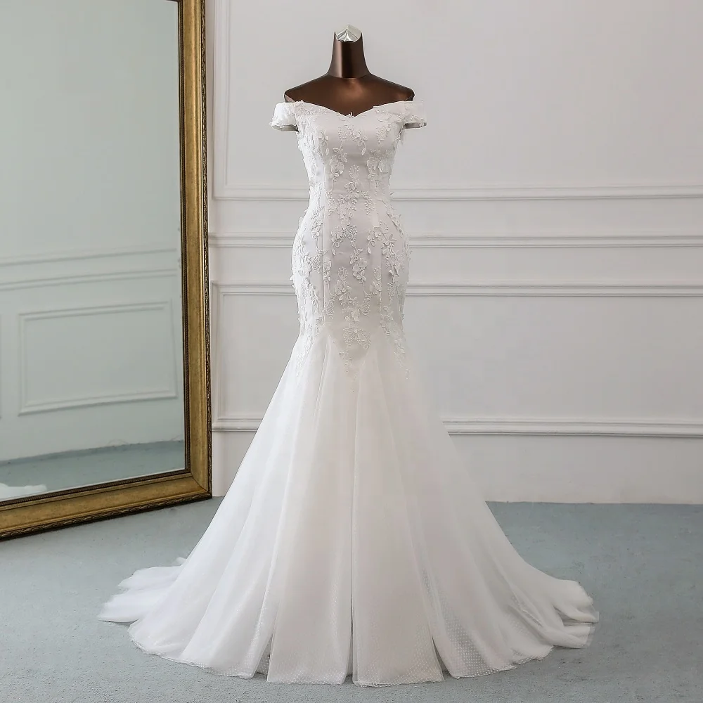 

Fashion Off Shoulder Sheath Wedding Dresses 3D Flower Lace Satin Bridal Gowns