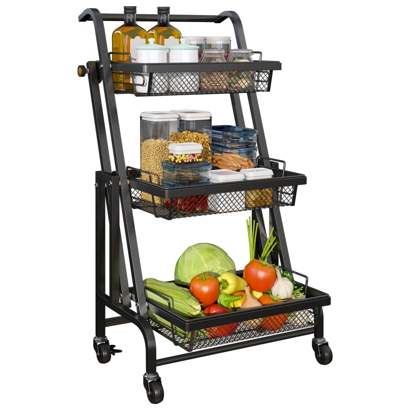 

Kitchen Trolley Cart 3 Tier Metal with Wheels Rolling Folding Black Storage Holders & Racks Carbon Steel Foldable Power Coated, Black/white/pink/blue