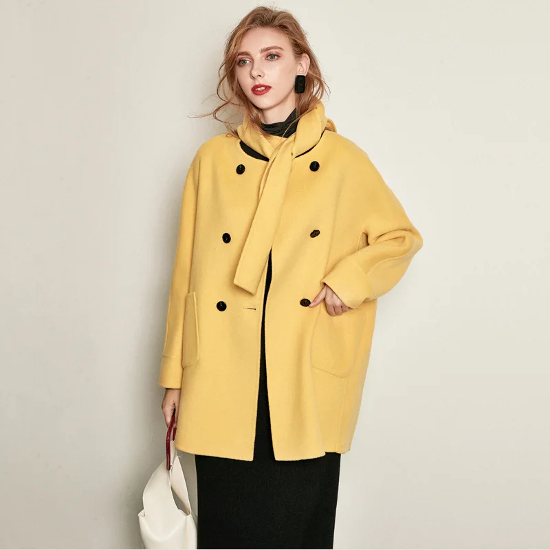 

YQ131 classic women overcoat cashmere wool full length coat with scarf ladies cashmere jacket