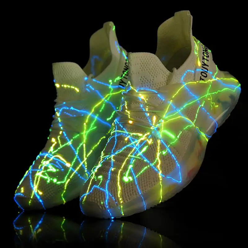 

Brand Logo Custom Summer Breathable knitted Shoes Design Fashion Luminous Sports Men Sneakers Running Shoes