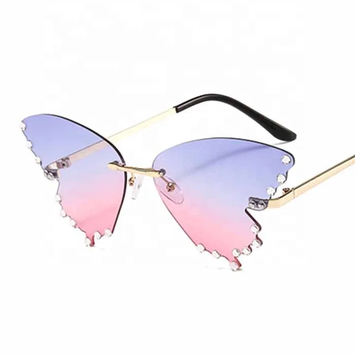 

Hot Sale Trendy Diamond Butterfly Ladies Shades Glasses Crystal Rhinestone Rimless Desinger Women Sunglasses