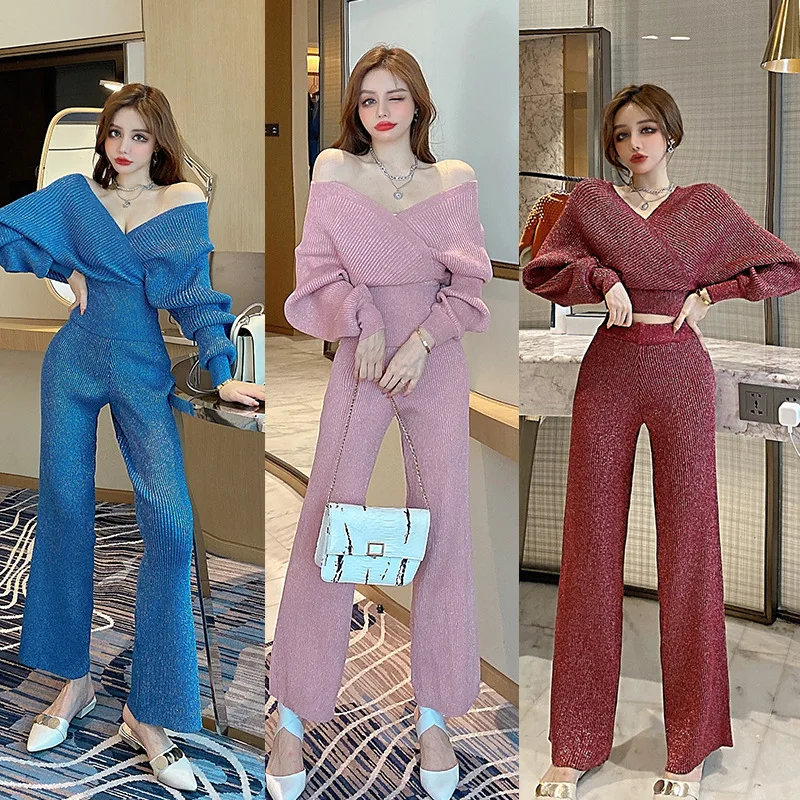 

factory custom spring 2 piece set V neck sexy knit blouse wide leg pants two piece set Gold silk knitted sweater women