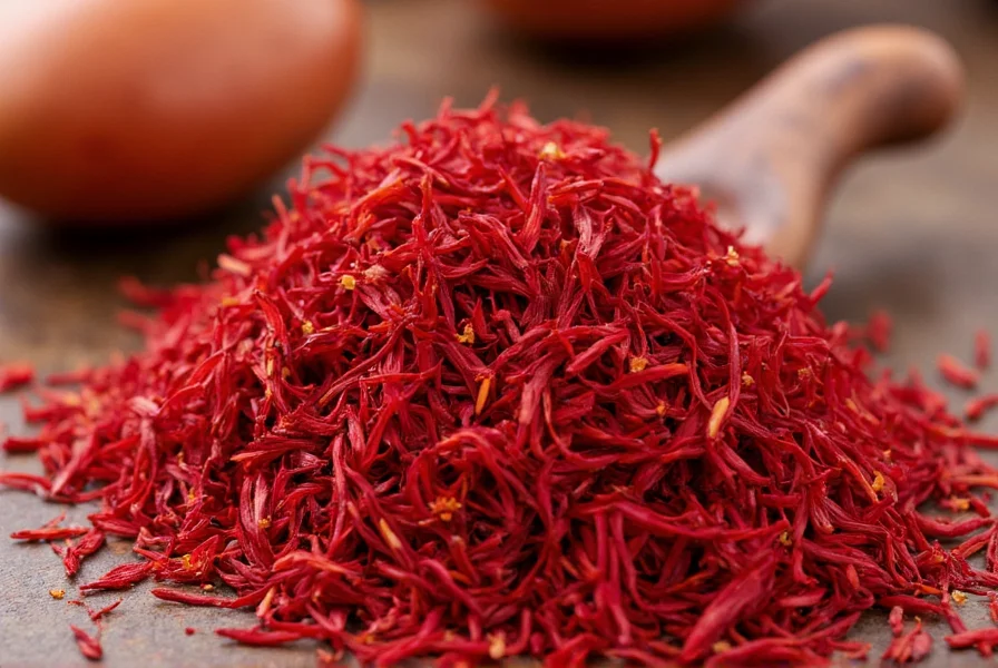 Close-up photograph of saffron threads showing vibrant red stigmas with slight orange tips against white background