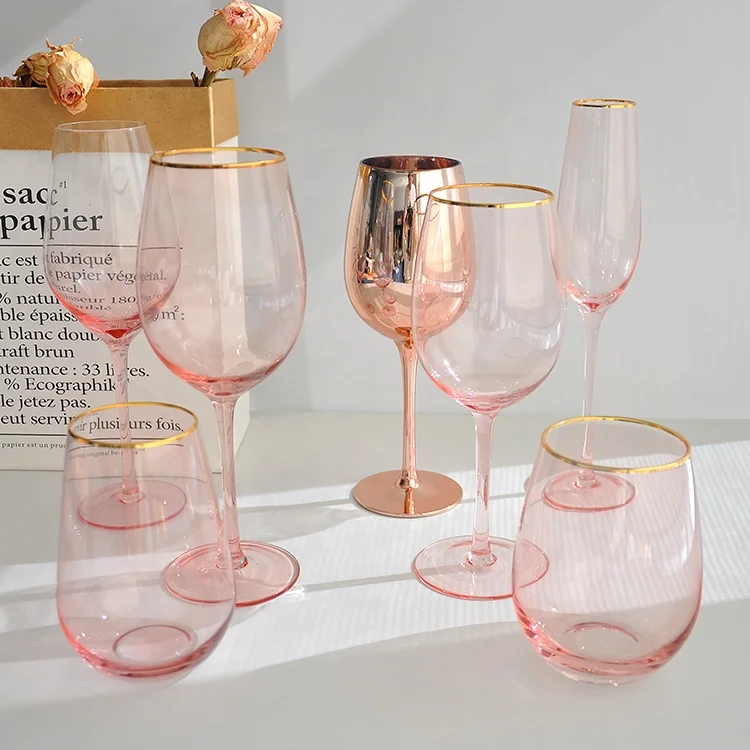 

custom high end clear 350ml~500ml pink colored gold rim red wine glass with logo