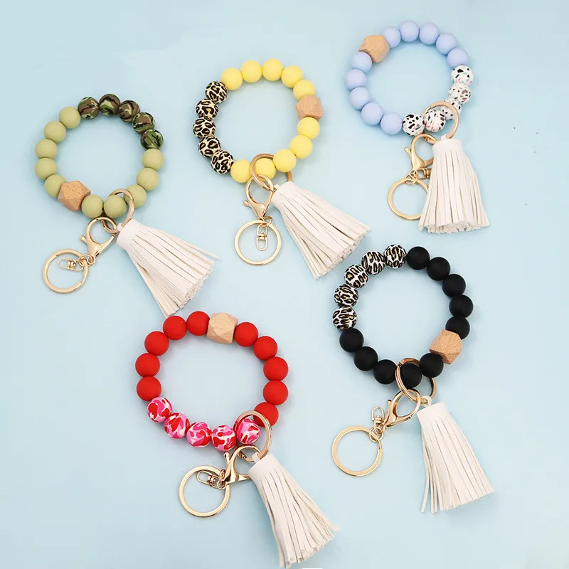 

Colorblock Leopard Print Camo Silicone Bead Bracelet Tassel Keychain