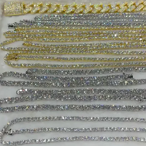 

Factory Wholesale Iced out 925 VVS Moissanite Diamond Tennis Chain Bracelet Necklace 3mm 4mm 5mm 6mm 8mm Custom 10K 14K Gold