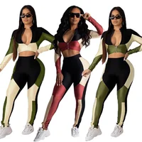 

Color patchwork crop top pants full sleeve two piece set women sporty streetwear