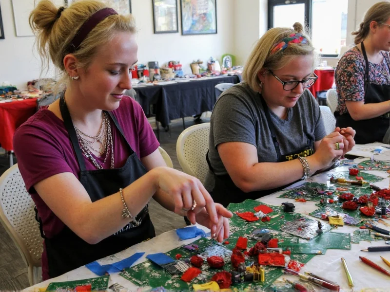 Artists creating bold wearable art from circuit boards at an urban craft fair