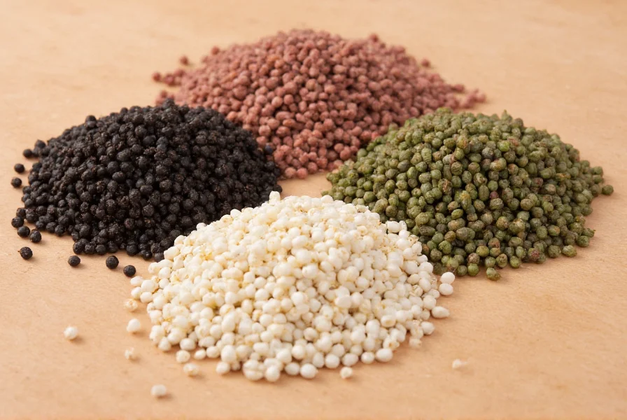 Close-up photography of black, white, green, and pink peppercorns arranged in separate piles on wooden background showing texture differences