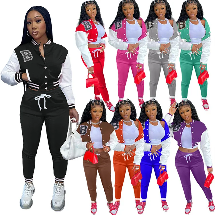 

Drop Shipping Fashion Color Matching Jacket Single-Breasted Letter Printed Baseball Uniform Sports Women Two-Piece Suit, Customized color
