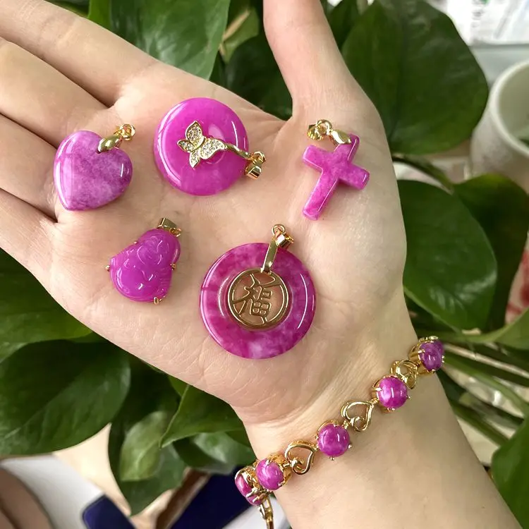 

Jialin Jewelry wholesale cheap Gold Plated Pink Butterfly Cross Pendant Jade Buddha Necklace
