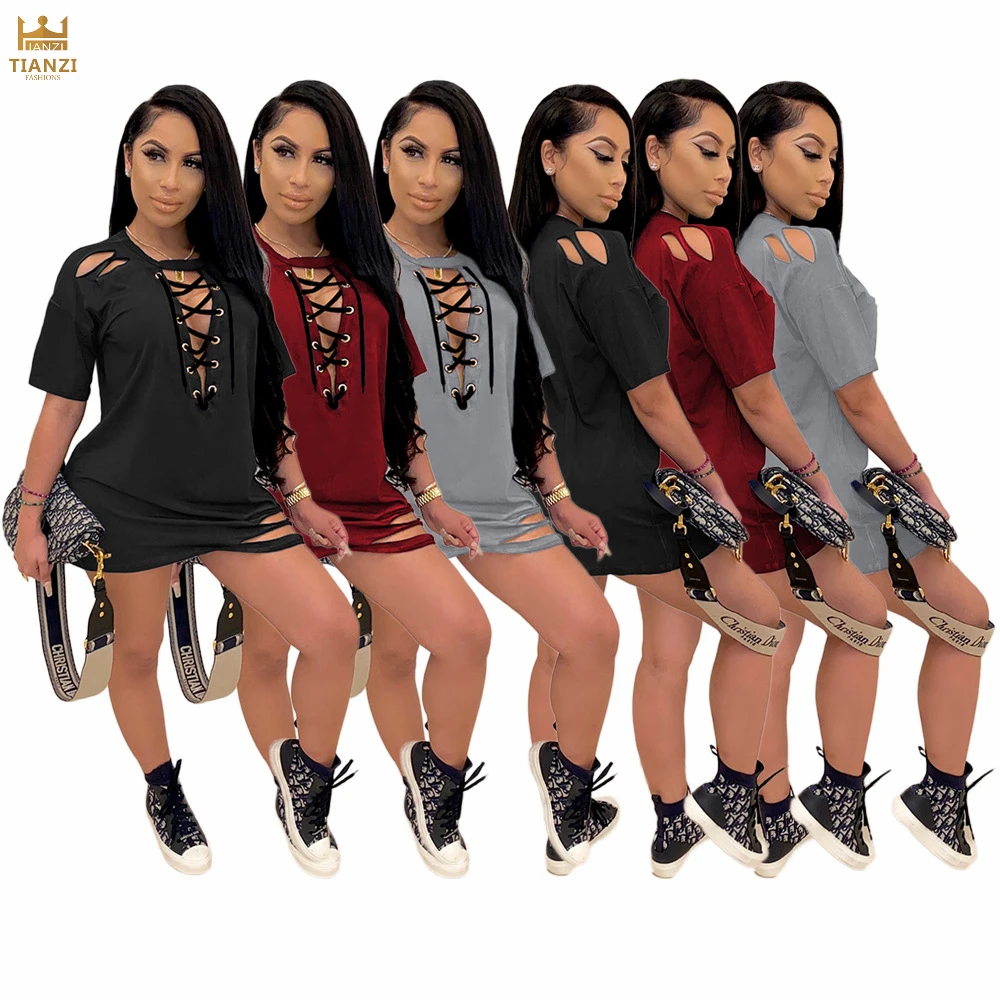 

S6824 - women fashion ripped solid strap short sleeve midi dress