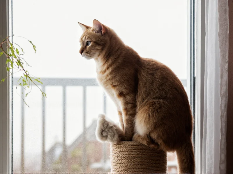 Cat using homemade scratching post near window