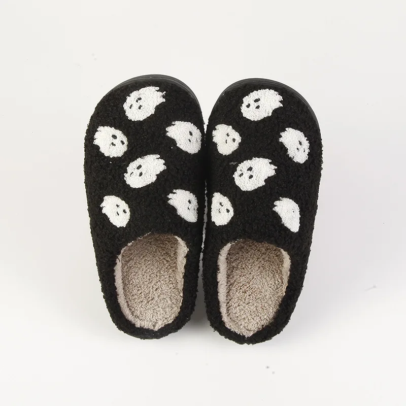 

Wholesale ready to ship home ghost hot sales fur shoes fashion styles embroidery patterns happy face smile fur slippers