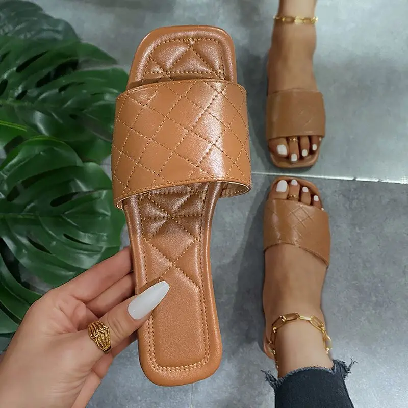 

Summer new arrival fashion flat solid color square toe casual slippers women shoes chic plus size outdoor beach slide&slippers, Four colors or customized