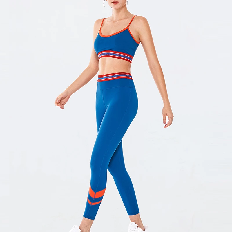 

2021 autumn color contrast stitching women sport set sling sports bra and fitness leggings 2 pieces yoga suit