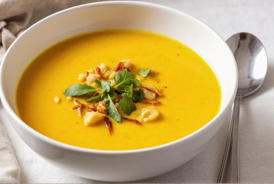 Golden turmeric chicken soup in white ceramic bowl with fresh herbs